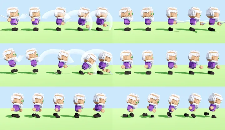 Animation frames: slash, sweep, slam, fists, run and sprint