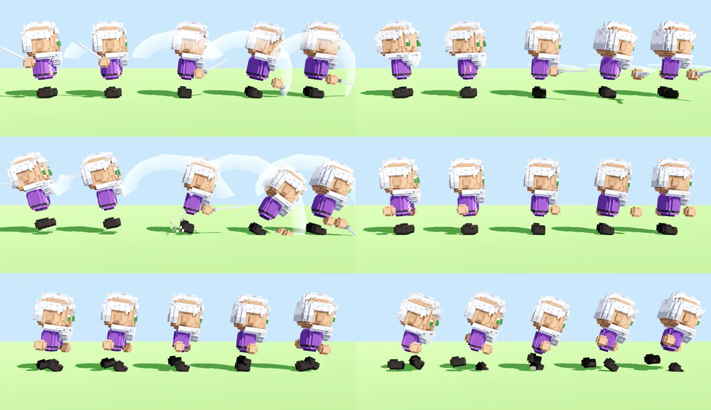 Animation frames of the hero swinging a sword through a three-hit combo