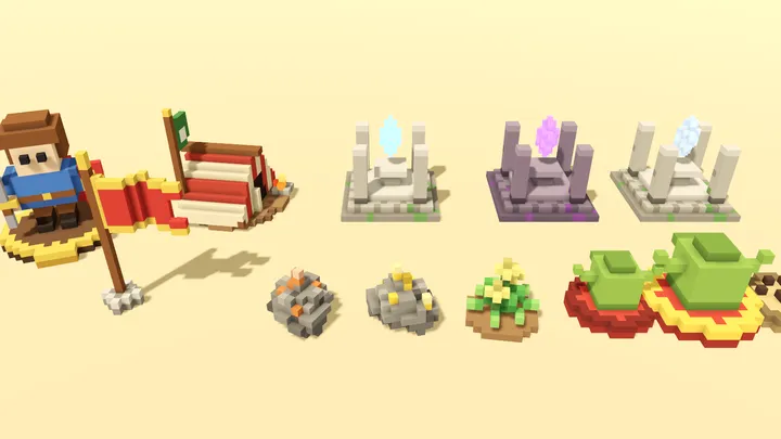 Painted map pieces: hero, camp, shrines, flag, ore, herb and tokens