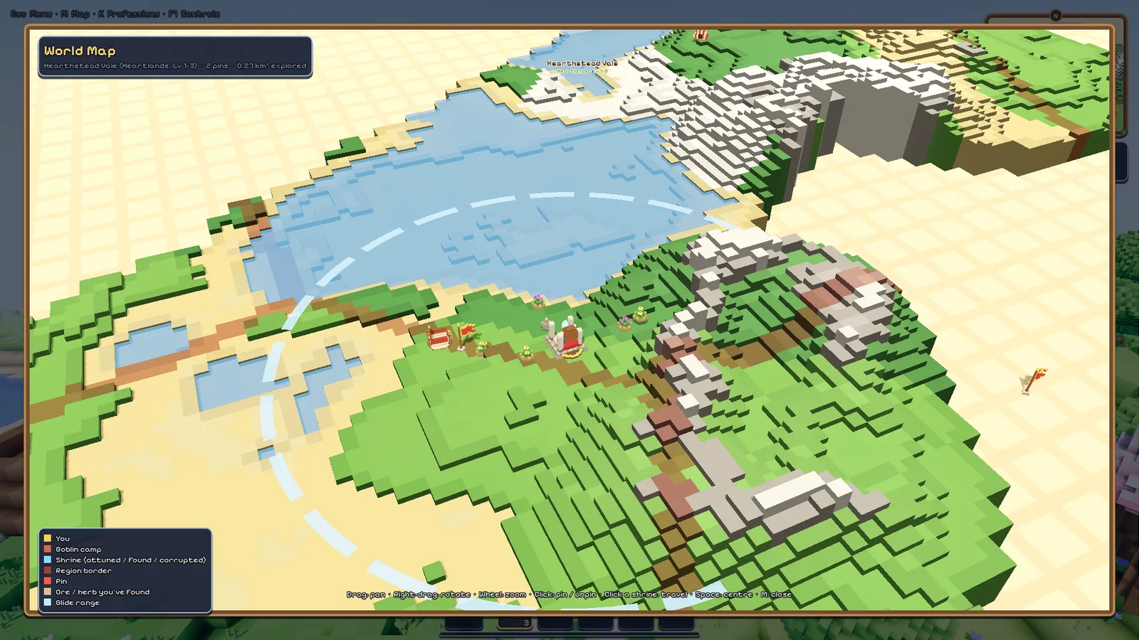 The tabletop world map showing terraced land, a lake and game pieces