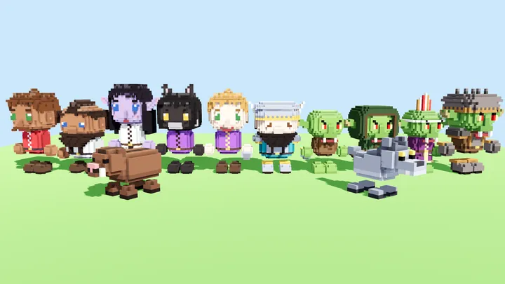 Human, dwarf, elf and beastfolk heroes with goblins