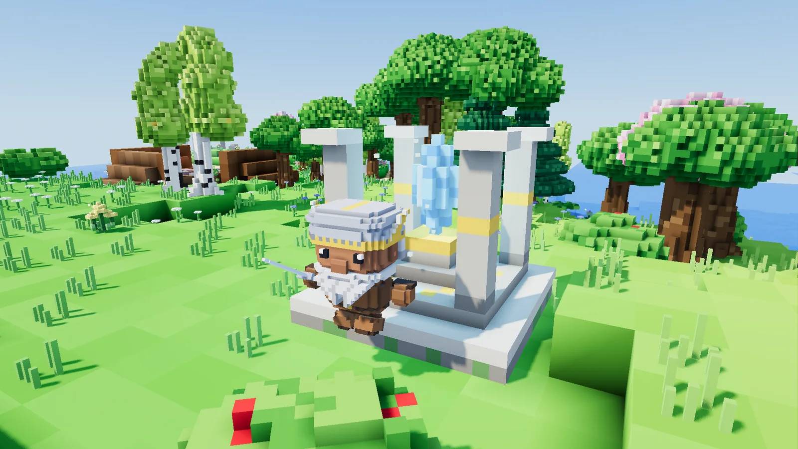 A hero standing on the Hearthstead shrine, its crystal glowing among voxel trees